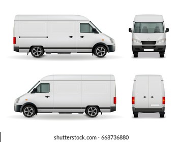 Realistic White Cargo Van With Empty Surface Advertising Mockup Side View, Front And Rear Vector Illustration