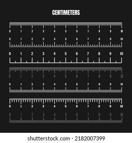 Realistic white centimeter scale for measuring length or height. Various measurement scales with divisions. Ruler, tape measure marks, size indicators. Vector illustration