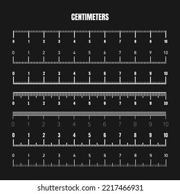 Realistic white centimeter scale for measuring length or height. Various measurement scales with divisions. Ruler, tape measure marks, size indicators. Vector illustration