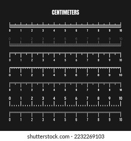 Realistic white centimeter scale for measuring length or height. Various measurement scales with divisions. Ruler, tape measure marks, size indicators. Vector illustration