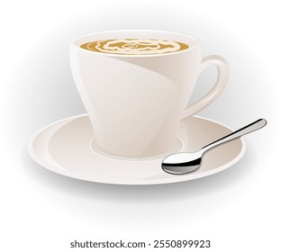 Taza de café de cerámica blanca realista en un platillo con cuchara. Taza de porcelana con bebida caliente, café con leche, capuchino, moca, espuma de leche. Ilustración vectorial con la sombra.