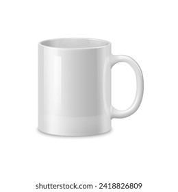 Realistic white ceramic coffee mug and tea cup, tableware mockup. Isolated 3d vector blank ceramicware with cylindrical shape, comfortable handle, and a glossy finish, perfect for brand identity