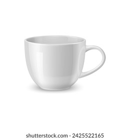 Realistic white ceramic coffee mug and tea cup, tableware mockup. Isolated 3d vector minimalist design of low, wide cup with a comfortable rounded handle, perfect for showcasing brand identity