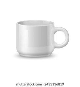 Realistic white ceramic coffee mug and tea cup, tableware mockup. Isolated 3d vector low cylindrical cup with comfortable handle, and a glossy surface. Ideal for branding or personalized presentations