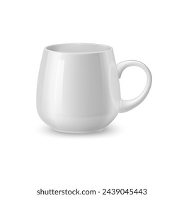 Realistic white ceramic coffee mug and tea cup, tableware mockup. Isolated 3d vector sleek, rounded bowl, featuring a minimalist design with a smooth finish. Perfect for showcasing brand identity