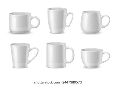 Realistic white ceramic coffee mugs and tea cups, vector tableware mockups. Different mugs and cups with handle for tea or coffee and hot drinks, porcelain kitchenware or dishware and crockery mockups