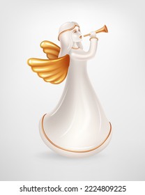 Realistic white ceramic figurine of Christmas Angel. Decoration of a Christmas Angel with golden trumpet and wings. Vector 3d illustration. Element for New Years Design