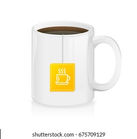 Realistic White Ceramic Full Tea Cup with Teabag Symbol of Relaxation and Comfort. Vector illustration