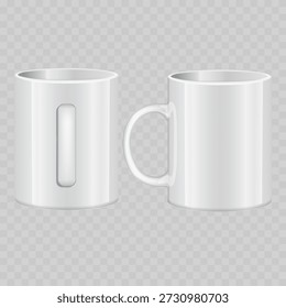 Realistic White Ceramic Mug Mockup Set. Vector Blank Coffee Cup Template from Side and Handle View