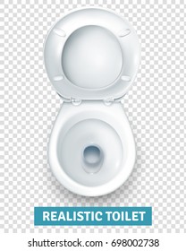 Realistic white ceramic toilet bowl top view with raised seat on transparent background isolated vector illustration 