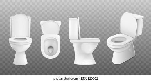 Realistic white ceramic toilet set from top, side and front view isolated on transparent background - modern sparkly clean restroom element. Vector illustration