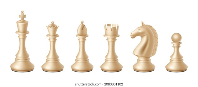 Realistische weiße Schachfiguren-Symbole. Chessmen, Königin und König, Pferd, Roko, Bischof und Pfand. Strategische Spielfigur. Logik-Wettbewerb oder Turnierkonzept. 3D-Vektorgrafik