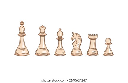 Realistic white chess pieces icons. Chessmen, queen and king, horse, rook, bishop and pawn. Strategy game figures set. Logic competition or tournament concept.