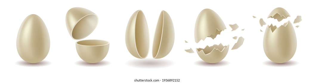 Realistic white chocolate eggs set. Broken, exploded eggshell, two halves and whole chicken egg. Sweet easter holiday symbol. 3d vector illustration