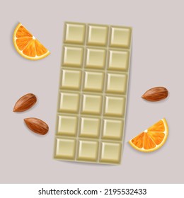 Realistic white chocolate vector, delicious dessert, milk chocolate isolated on orange fruit background, chocolate packaging mockup