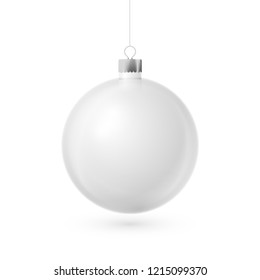 Realistic White Christmas ball with silver ribbon, isolated on white background. Merry Christmas greeting card. Vector illustration