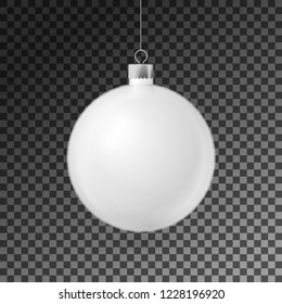 Realistic White Christmas ball with silver ribbon, isolated on transparent background. Merry Christmas greeting card. Vector illustration