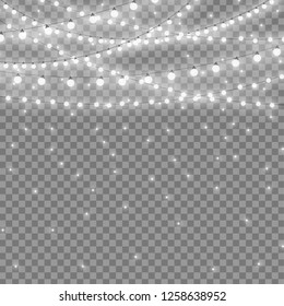 Realistic white Christmas lights whith sparkles isolated. Glowing led neon lights and lamps for Xmas and New year card. Garlands design elements and decorations. Vector illustration