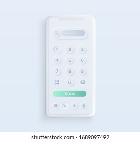 Realistic white clay style smartphone illustration with dial pad elements. Template for presentation of UI design interface or infographics. Vector cellphone mockup for UX design concept.