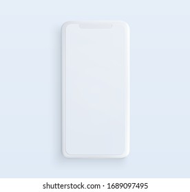 Realistic white clay style smartphone illustration with blank screen. Template for presentation of UI design interface or infographics. Vector cellphone mockup for UX design concept.
