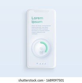 Realistic white clay style smartphone illustration with speedometer. Template for presentation of UI design interface or infographics. Vector cellphone mockup for UX design concept.