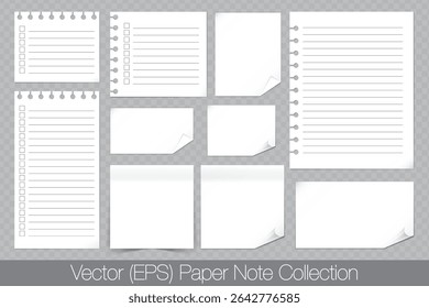 Realistic white clean paper notes with curled and folded edges, white notes with empty fields, white sticky notes isolated on transparent background
