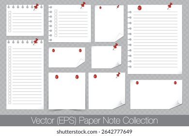 Realistic white clean paper notes with curled and folded edges, white notes with empty fields pinned with red push pins, white sticky notes isolated on transparent background