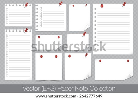 Realistic white clean paper notes with curled and folded edges, white notes with empty fields pinned with red push pins, white sticky notes isolated on transparent background