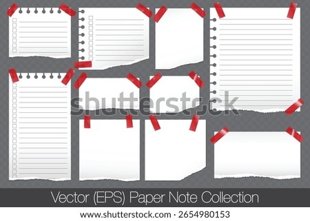 Realistic white clean paper notes with torn edges, ripped white notes with empty fields attached with transparent red adhesive tape, paper scraps with torn edges isolated on transparent background