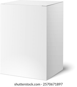 Realistic white closed box casting a soft shadow on a clean white surface, providing an ideal backdrop for displaying product packaging designs and branding concepts