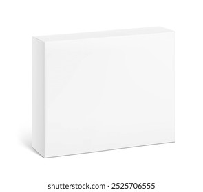 Realistic white closed paperboard box mockup. Vector illustration isolated on white background. Taking your 2D designs into 3D. Can be use for medicine, food, cosmetic and other. EPS10.