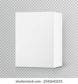 Realistic white closed paperboard box mockup. Vector illustration on transparent background. Taking your 2D designs into 3D. Can be use for medicine, food, cosmetic and other. EPS10.