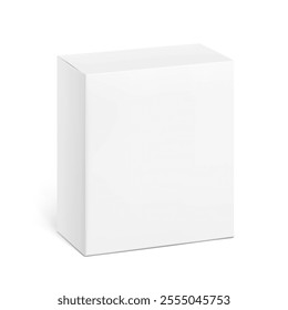 Realistic white closed paperboard box mockup. Vector illustration isolated on white background. Taking your 2D designs into 3D. Can be use for medicine, food, cosmetic and other. EPS10.