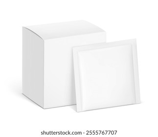Realistic white closed paperboard box with sachet mockups. Vector illustration isolated on white background. Taking your 2D designs into 3D. Can be use for pharmacy, food, cosmetic and other. EPS10.