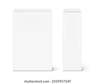 Realistic white closed paperboard box mockup. Front and side views. Vector illustration isolated on white background. Taking your 2D designs into 3D. Can be use for medicine, food, cosmetic. EPS10.