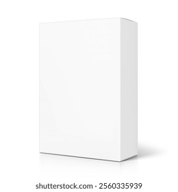 Realistic white closed paperboard box mockup. Half side view. Vector illustration isolated on white background. Taking your 2D designs into 3D. Can be use for medicine, food, cosmetic. EPS10.