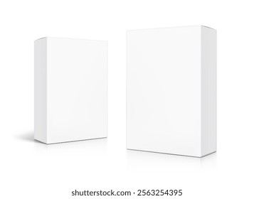 Realistic white closed paperboard box mockup. Half side views. Vector illustration isolated on white background. Taking your 2D designs into 3D. Can be use for medicine, food, cosmetic. EPS10.