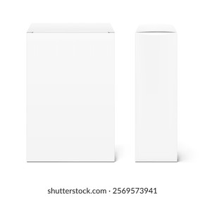 Realistic white closed paperboard box mockup. Front and side view. Vector illustration isolated on white background. Taking your 2D designs into 3D. Can be use for medicine, food, cosmetic. EPS10.