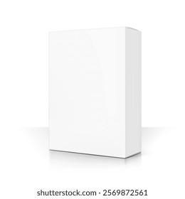 Realistic white closed paperboard box mockup. Half side view. Vector illustration isolated on white background. Taking your 2D designs into 3D. Can be use for medicine, food, cosmetic. EPS10.