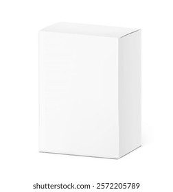 Realistic white closed paperboard box mockup. Half side view. Vector illustration isolated on white background. Taking your 2D designs into 3D. Can be use for medicine, food, cosmetic. EPS10.