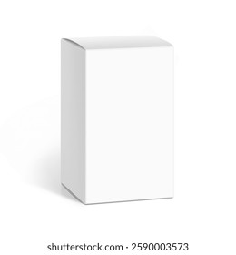 Realistic white closed paperboard box mockup. Half side view. Vector illustration isolated on white background. Taking your 2D designs into 3D. Can be use for medicine, food, cosmetic. EPS10.