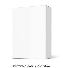 Realistic white closed paperboard box mockup. Front view. Vector illustration isolated on white background. Taking your 2D designs into 3D. Can be use for pharmacy, food, cosmetic. EPS10.