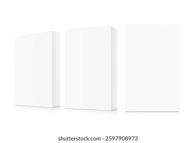 Realistic white closed paperboard box mockup. Front and half side view. Vector illustration isolated on white background. Taking your 2D designs into 3D. Can be use for pharmacy, cosmetic, food.EPS10.
