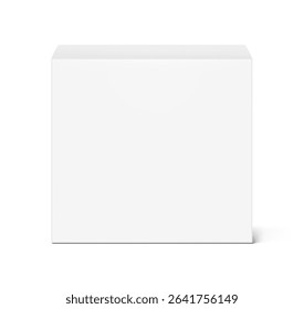 Realistic white closed paperboard box mockup. Front view. Vector illustration isolated on white background. Taking your 2D designs into 3D. Can be use for pharmacy, cosmetic, food. EPS10.