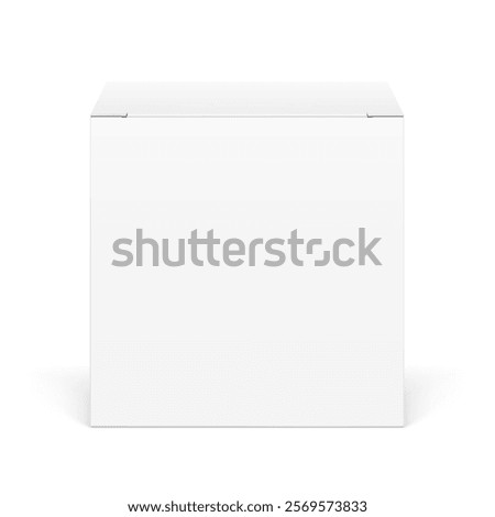 Realistic white closed paperboard box mockup. Front view. Vector illustration isolated on white background. Taking your 2D designs into 3D. Can be use for medicine, food, cosmetic. EPS10.