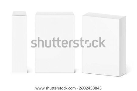 Realistic white closed paperboard box mockup. Front and half side view. Vector illustration isolated on white background. Taking your 2D designs into 3D. Can be use for pharmacy, cosmetic, food.EPS10.