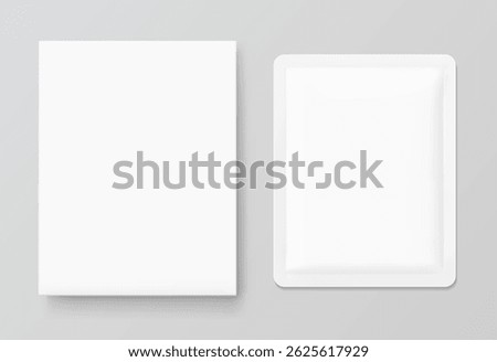 Realistic white closed paperboard box with sachet mockups. Vector illustration isolated on grey background. Taking your 2D designs into 3D. Can be use for pharmacy, food, cosmetic and other. EPS10.