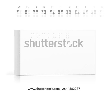 Realistic white closed paperboard box mockup with The Braille Alphabet. Vector illustration isolated on white background. Can be use for medicine, food, cosmetic and other. EPS10.