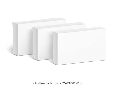 Realistic white closed paperboard boxes mockup. Vector illustration isolated on white background. Taking your 2D designs into 3D. Can be use for medicine, food, cosmetic and other. EPS10.