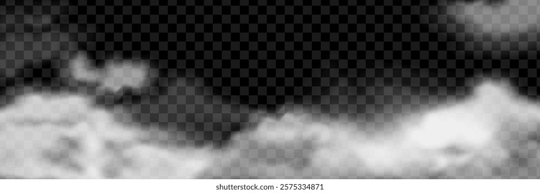 Realistic white cloud border on transparent background. Fog or mist cloudy overlay effect 